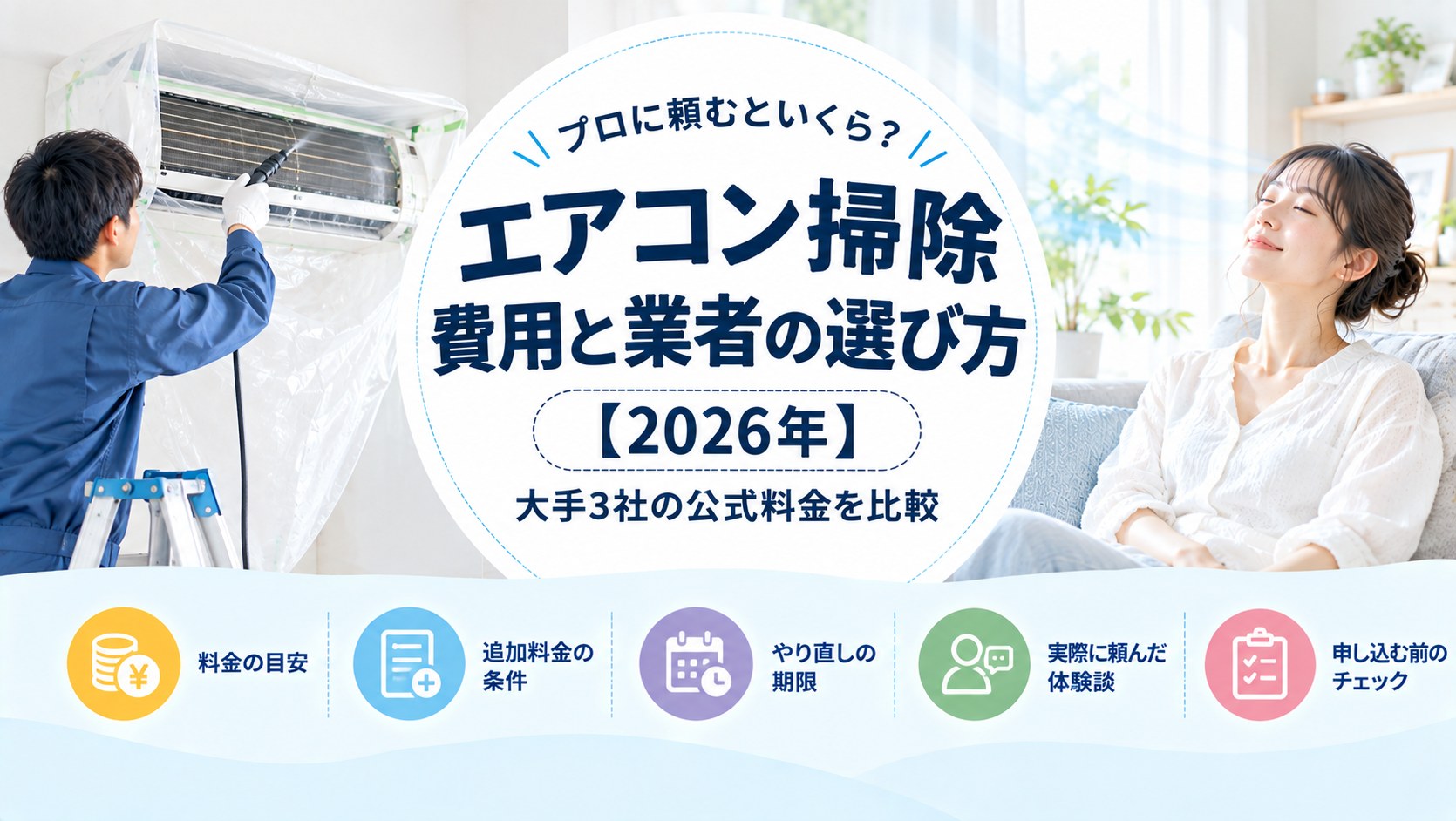 脚立に乗った作業員が養生した壁掛けエアコンを洗浄し、隣のリビングで女性がくつろいでいる様子